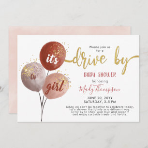 Drive by Blush Balloon and Sparkles Baby Shower Invitation