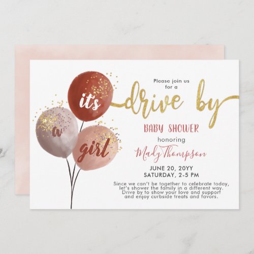 Drive by Blush Balloon and Sparkles Baby Shower Invitation