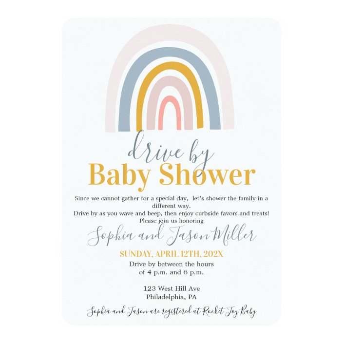 Drive by Boho Rainbow Baby Shower invitation card