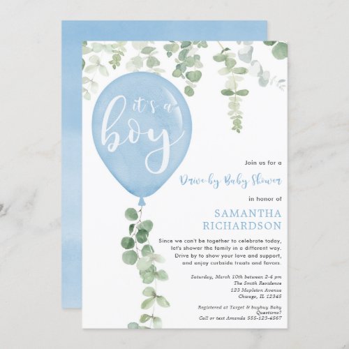 Drive_by boy baby shower blue balloon eucalyptus invitation