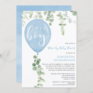 Drive-by boy baby shower blue balloon eucalyptus invitation