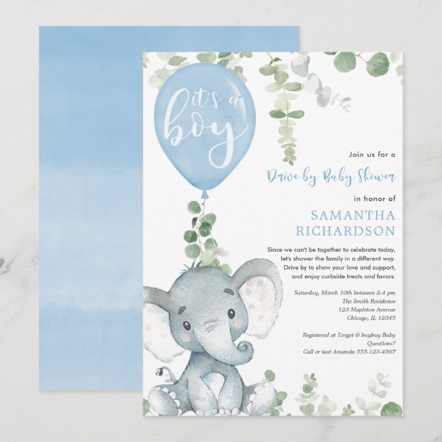 Drive-by boy baby shower cute elephant greenery invitation (Front/Back)