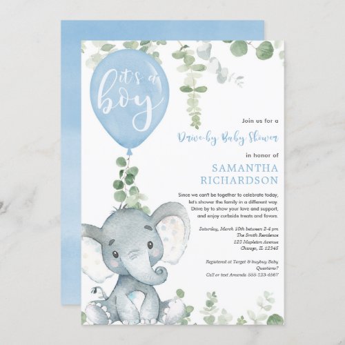 Drive_by boy baby shower cute elephant greenery invitation