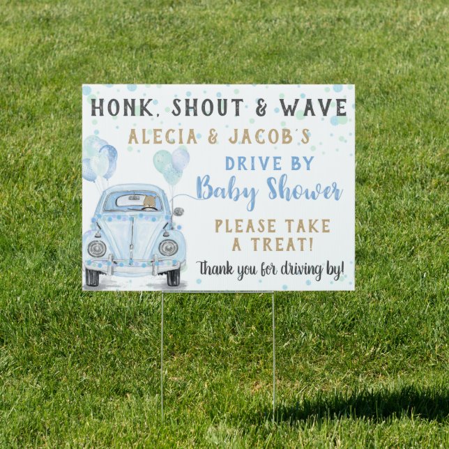 Drive By Boy Baby Shower Gold Blue Car Sign (Insitu)