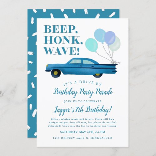 Drive By Boy Birthday Party Blue Vintage Car Invitation