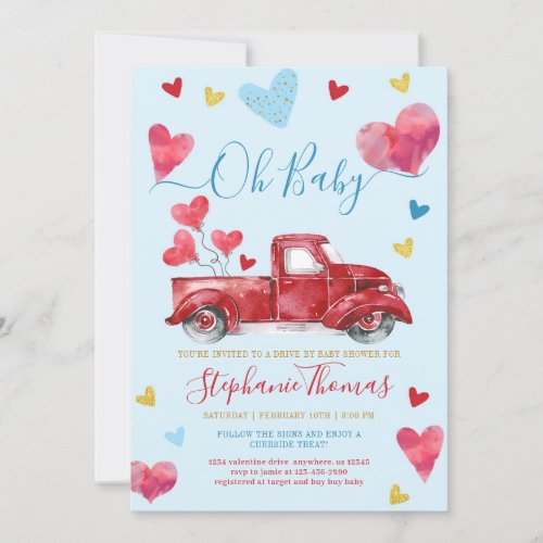 Drive By Boy Valentine Baby Shower with Hearts Invitation