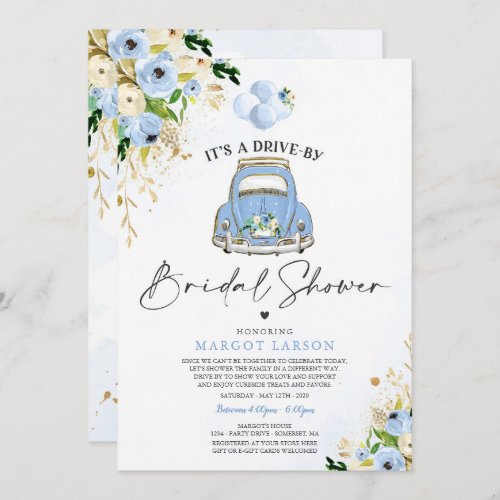 Drive By Bridal Shower Blue Floral Car Drive By Invitation