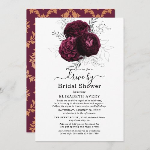 Drive By Bridal Shower Burgundy Floral Wedding Invitation