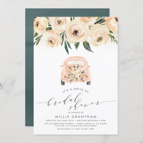 Drive By Bridal Shower Cream  Blue Floral Invitation