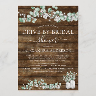 Drive by Bridal Shower Eucalyptus Rustic Wood Invitation