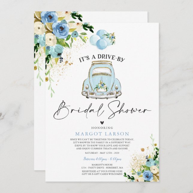Drive By Bridal Shower Invitation Blue Floral (Front/Back)