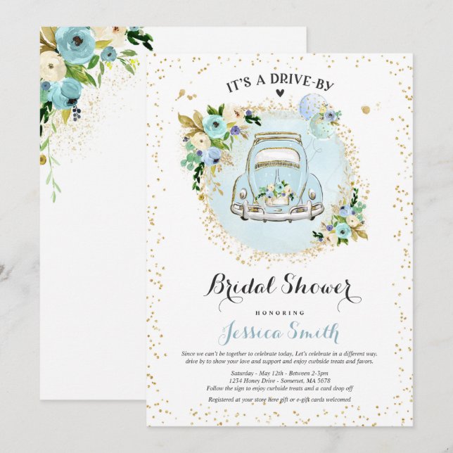 Drive By Bridal Shower Invitation Blue Floral (Front/Back)