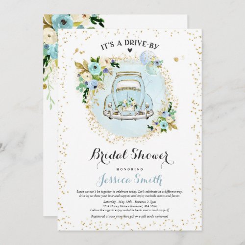 Drive By Bridal Shower Invitation Blue Floral