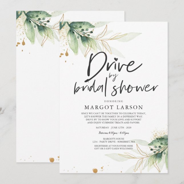 Drive By Bridal Shower Invitation Greenery & Gold (Front/Back)
