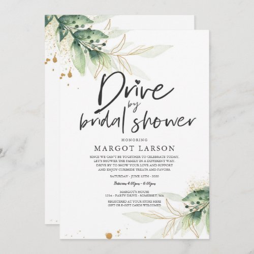 Drive By Bridal Shower Invitation Greenery  Gold