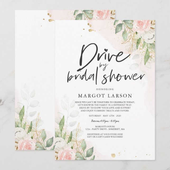 Drive By Bridal Shower Invitation Greenery & Gold (Front/Back)