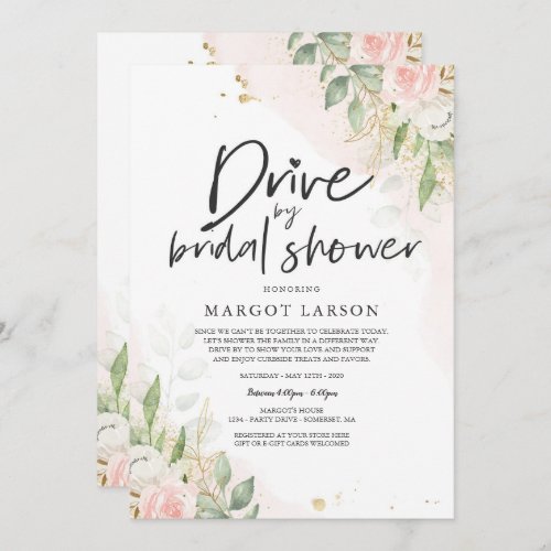 Drive By Bridal Shower Invitation Greenery  Gold