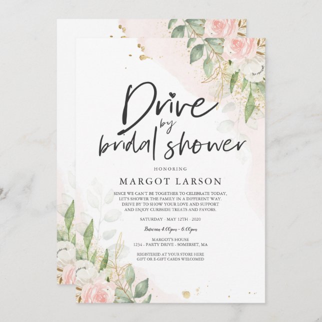 Drive By Bridal Shower Invitation Greenery & Gold (Front/Back)
