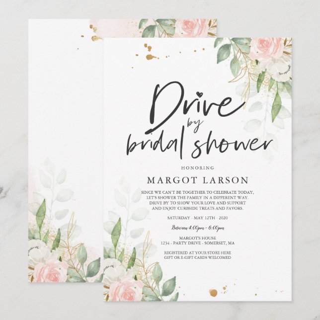 Drive By Bridal Shower Invitation Greenery & Gold (Front/Back)