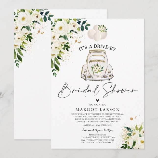 Drive By Bridal Shower Invitation White Floral (Front/Back)