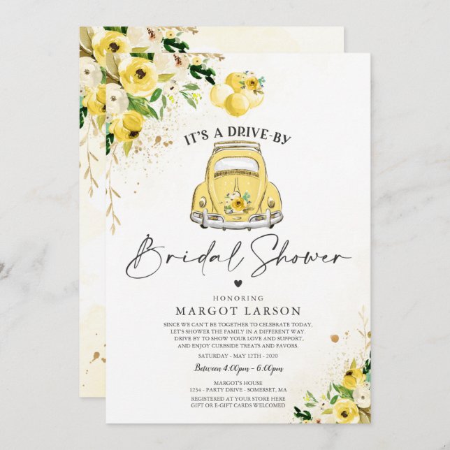 Drive By Bridal Shower Invitation Yellow Floral (Front/Back)