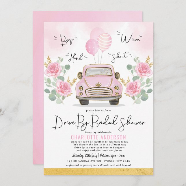 Drive By Bridal Shower Pink Floral Vintage Car Invitation (Front/Back)