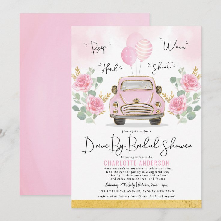 Drive By Bridal Shower Pink Floral Vintage Car Invitation Zazzle