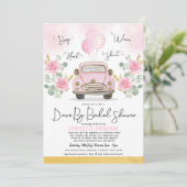Drive By Bridal Shower Pink Floral Vintage Car Invitation (Standing Front)