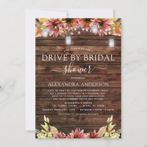 Drive by Bridal Shower Rustic Autumn Sunflowers Invitation