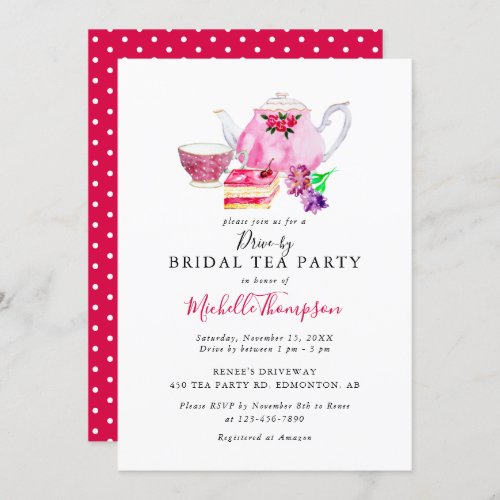 Drive_by Bridal Shower Tea Party Pink Teapot Invit Invitation