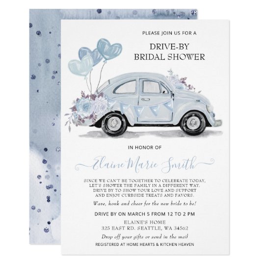 Drive by Bridal Shower Watercolor Floral Blue Car Invitation
