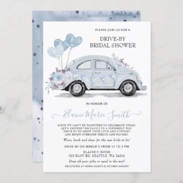 Drive by Bridal Shower Watercolor Floral Blue Car Invitation