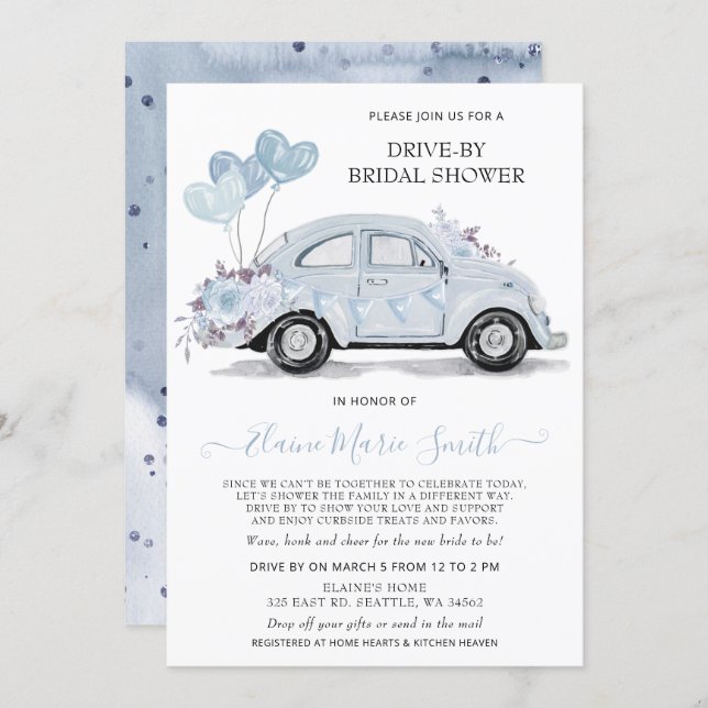 Drive by Bridal Shower Watercolor Floral Blue Car Invitation (Front/Back)