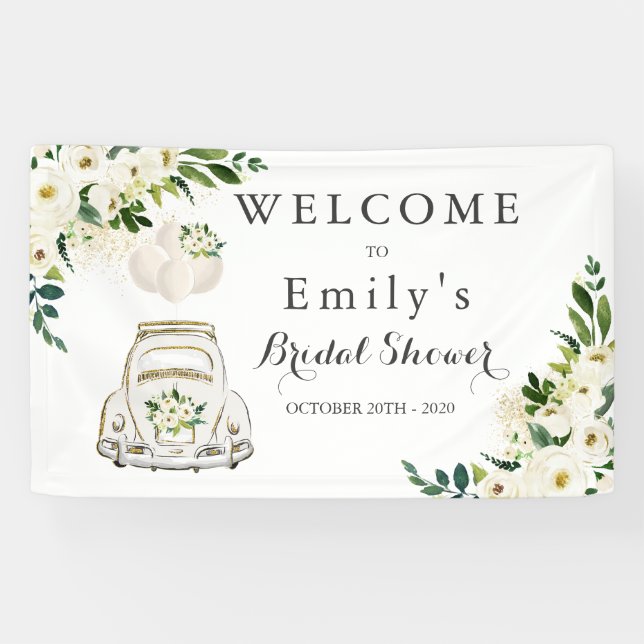 Drive By Bridal Shower White Floral Banner (Horizontal)