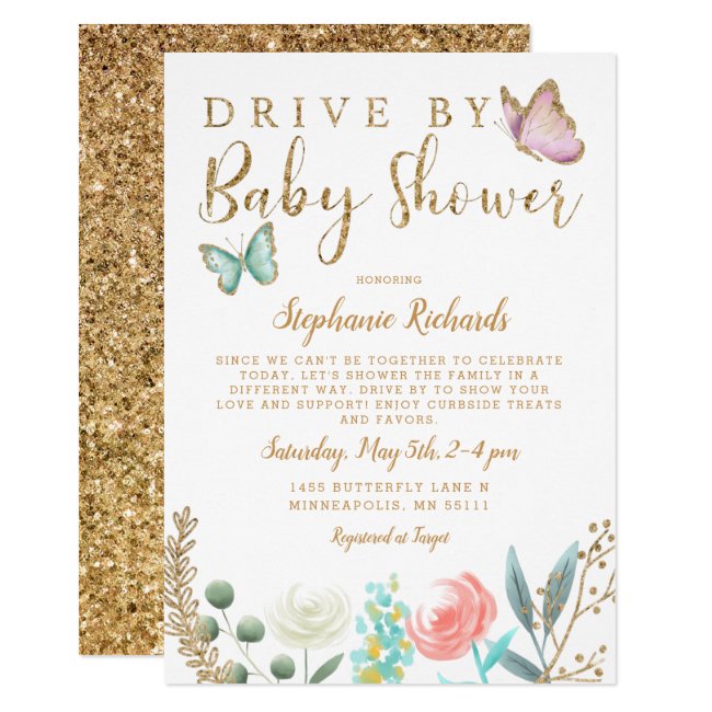 Drive By Butterfly Gold Baby Shower Invitation