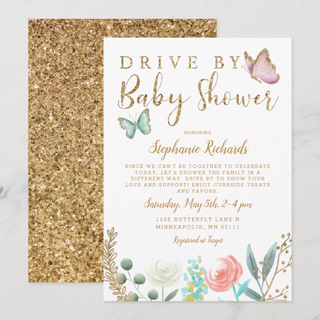 Drive By Butterfly Gold Baby Shower Invitation (Front/Back)