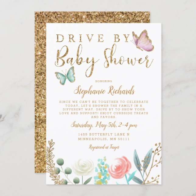 Drive By Butterfly Gold Baby Shower Invitation (Front/Back)