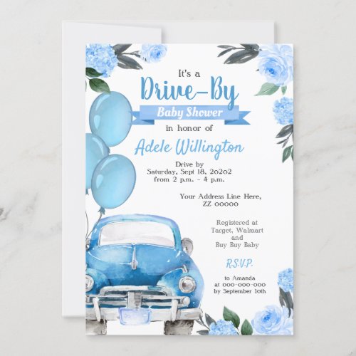 Drive By Car Blue Boy Rustic Baby Shower Invitation
