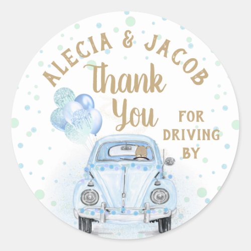 Drive By Car Boy Baby Shower Thank You Blue Gold Classic Round Sticker