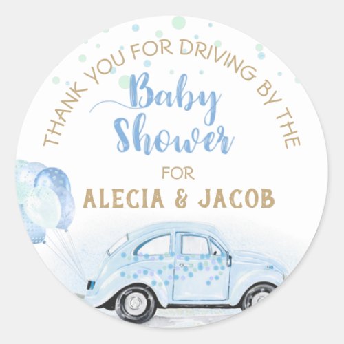 Drive By Car Boy Baby Shower Thank You Blue Gold Classic Round Sticker