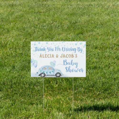 Drive By Car Boy Baby Shower Thank You Blue Gold Sign