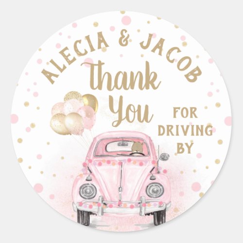 Drive By Car Girl Baby Shower Thank You Pink Gold Classic Round Sticker