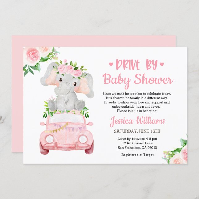 Drive By Elephant Baby Shower Girl Invitation (Front/Back)