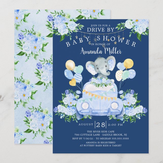 Drive By Elephant Boys Baby Shower Invitation (Front/Back)