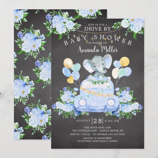 Drive By Elephant Boys Baby Shower Invitation (Front/Back)