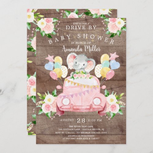 Drive By Elephant Girls Baby Shower Invitation