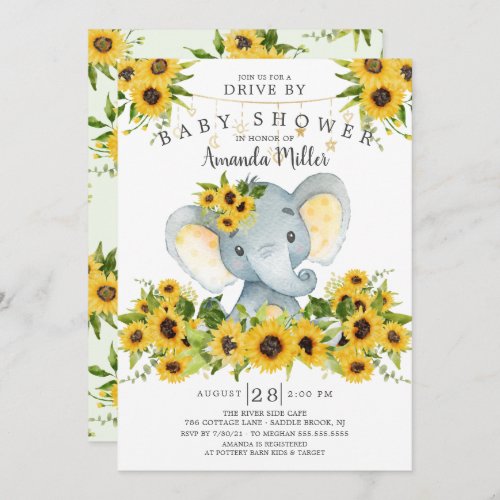Drive By Elephant Neutral Baby Shower Invitation
