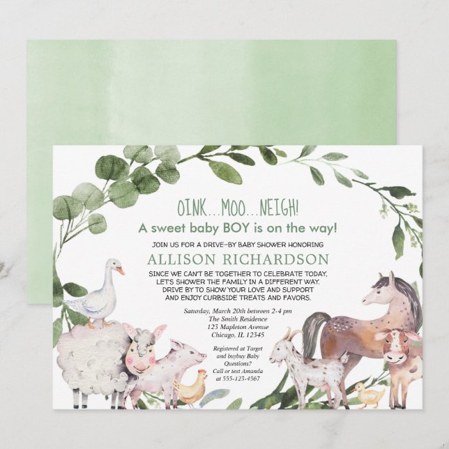 Drive by Farm Barnyard animals boy baby shower Invitation (Front/Back)