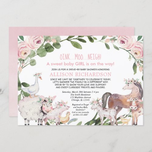 Drive by Farm Barnyard animals girl baby shower Invitation