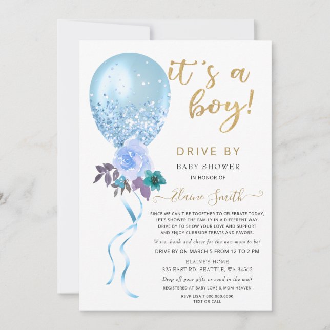 Drive by Floral Balloon Blue Glitter Baby Shower  Invitation (Front)